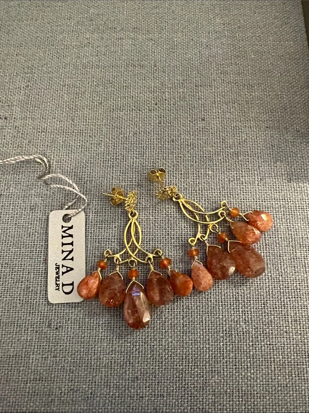 Gold Drop Earrings with Orange Gem Sunstone Teardrops - Picture 5 of 5